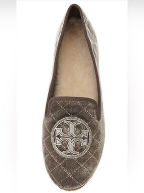 Tory Burch VGUC Quilted Velvet Billy Slippers Pewter Gray Size 8